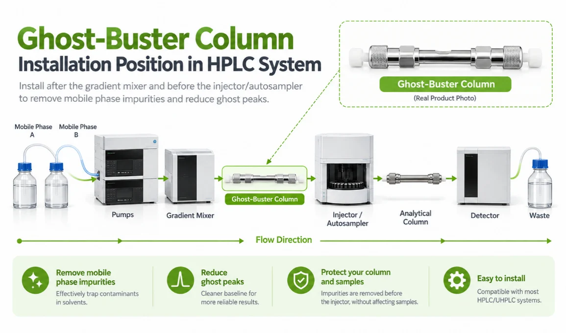 Ghost Buster Column installation between gradient mixer and injector in an HPLC system