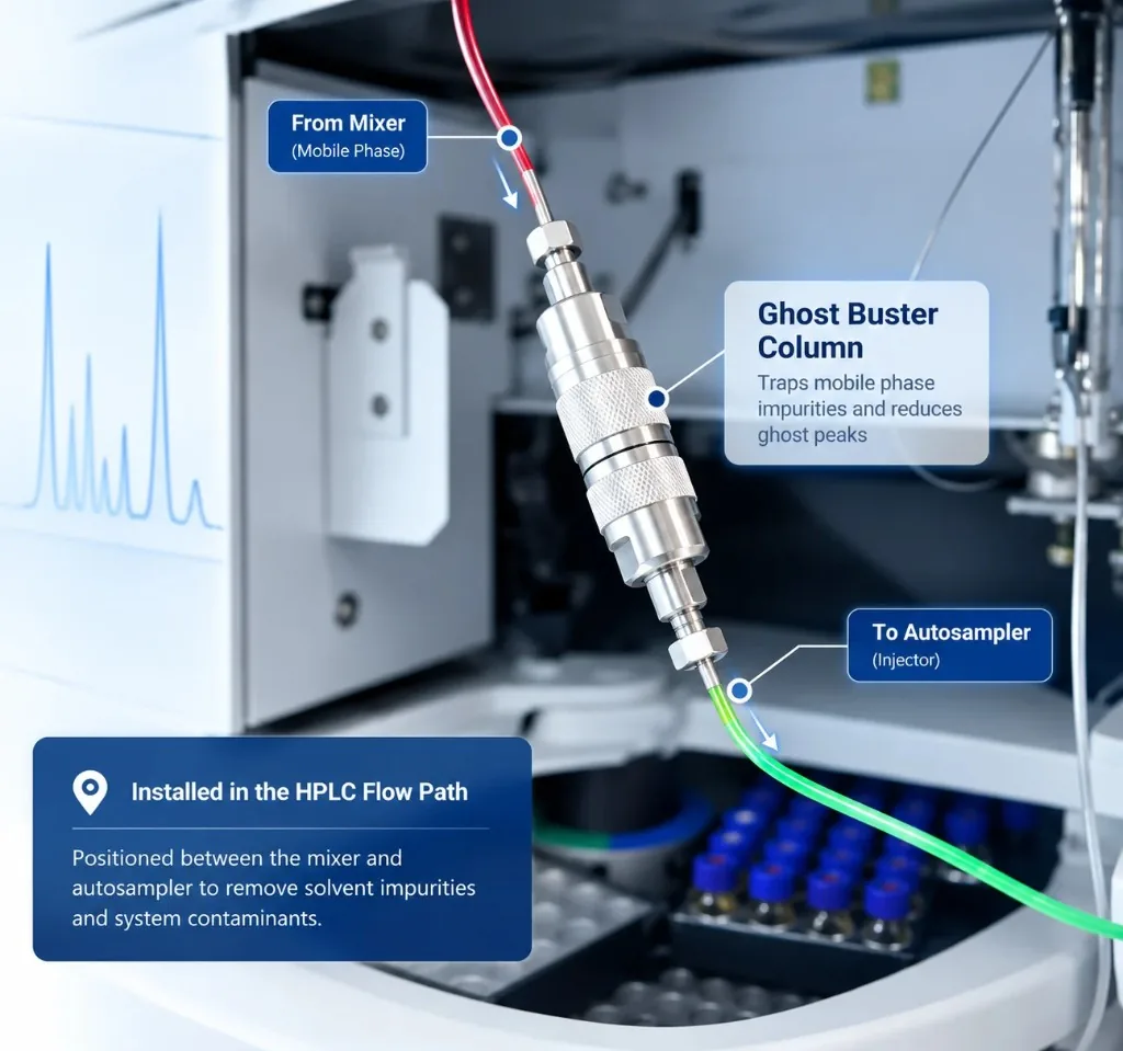 Ghost Buster Column installed in an HPLC system upstream of the autosampler – HIPSOUL